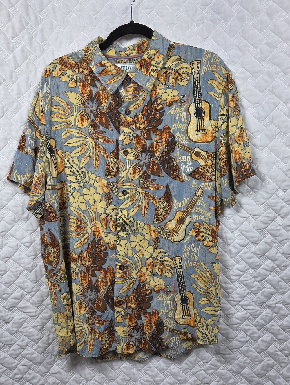 Margaritaville Shirt Men  Yellow Blue Hawaiian Aloha Guitar Rayon Large